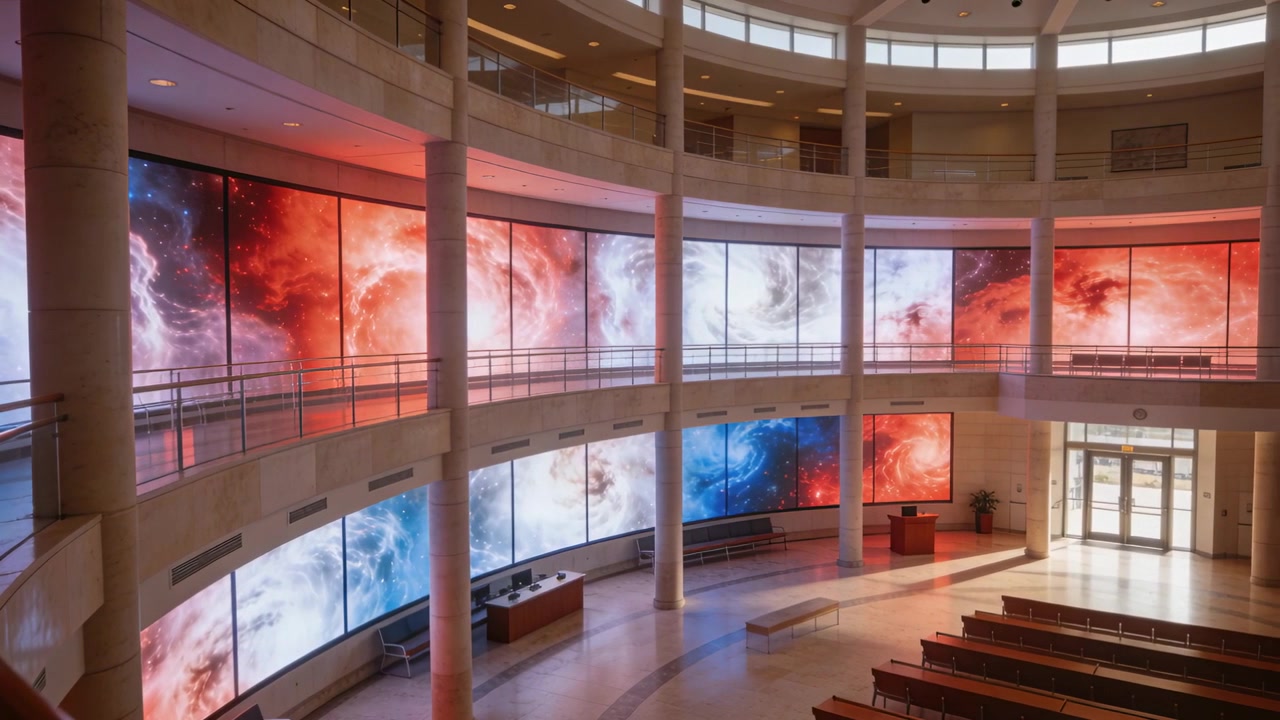 Avvio della riproduzione, display LED che cambia tonalità di nebulosa nell'atrio, telecamera che si sposta a destra, bagliore del pavimento.