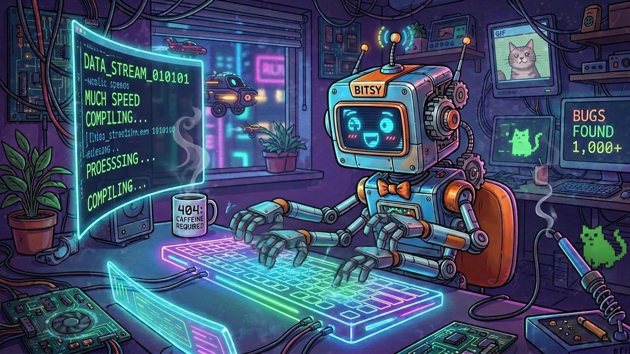 Cute Retro Robot Coding on a Computer in a Cyberpunk Room