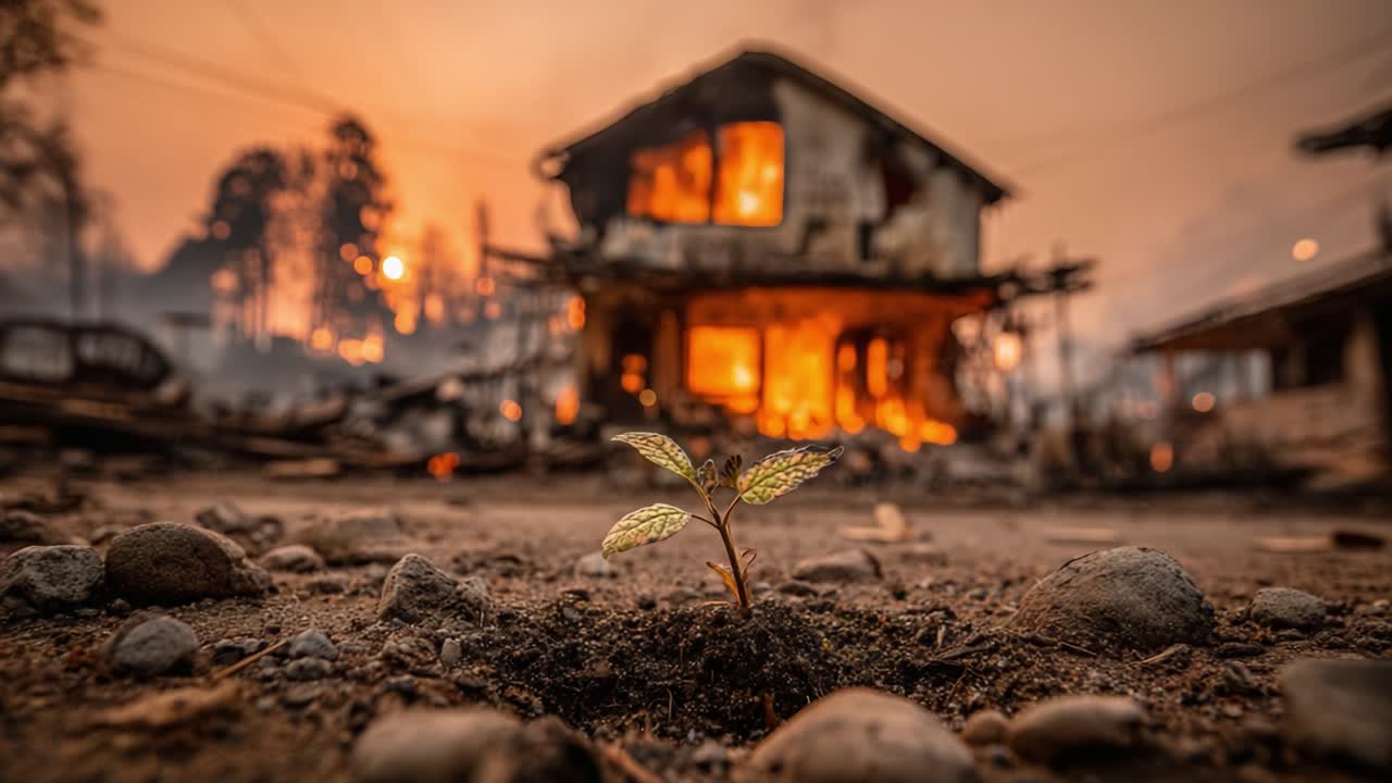 Una piantina resiliente emerge in un paesaggio devastato: la speranza sopravvive dopo la distruzione di una casa in un feroce incendio