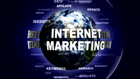 internet marketing text animation and earth, with keywords, loop