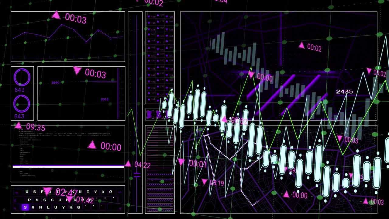 Animation of interface with data processing over grid network against black background