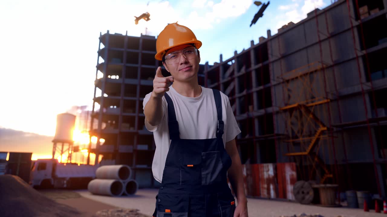 un trabajador asiático tocando su pecho y luego señalándote en el sitio de construcción.