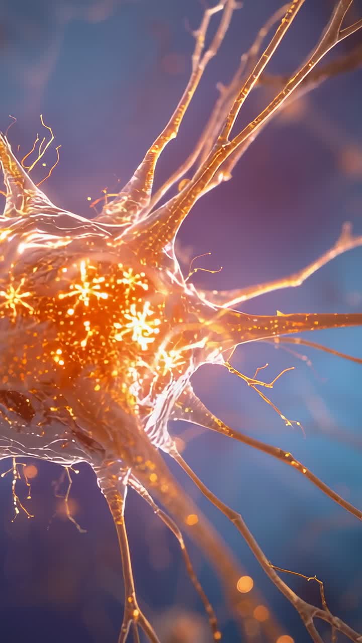 Vertical video: Glowing neuron soma sending motes along arms in lab view, signaling neural activity