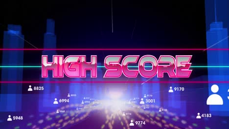 Animation-of-high-score-text-banner-and-profile-icons-over-light-trails-against-3d-city-model