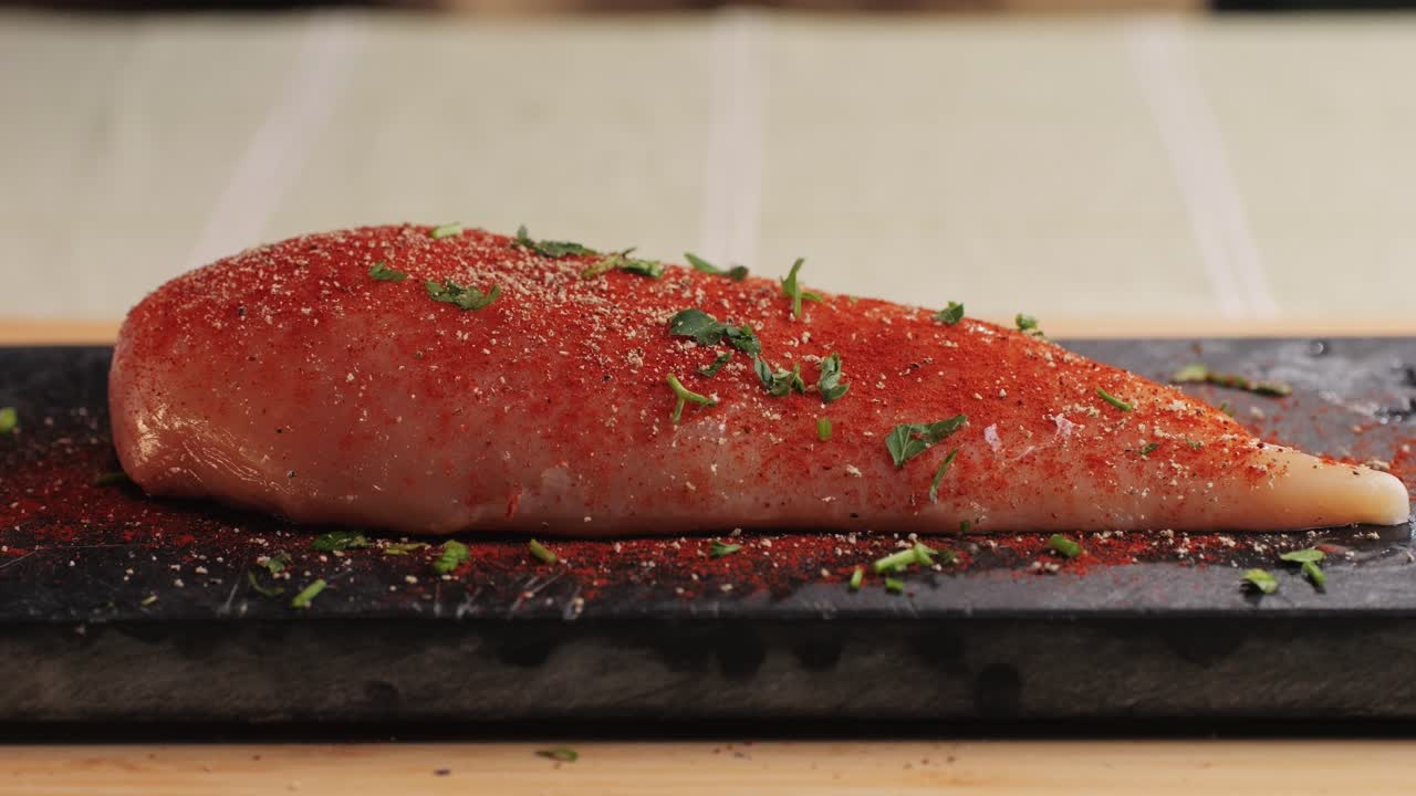 Raw chicken meat in red paprika spice on plate close-up. Preparing raw food for cooking. Grilled chicken, duck, turkey kebab with vegetables.