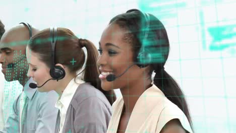 Animation-of-data-processing-over-business-people-using-phone-headsets