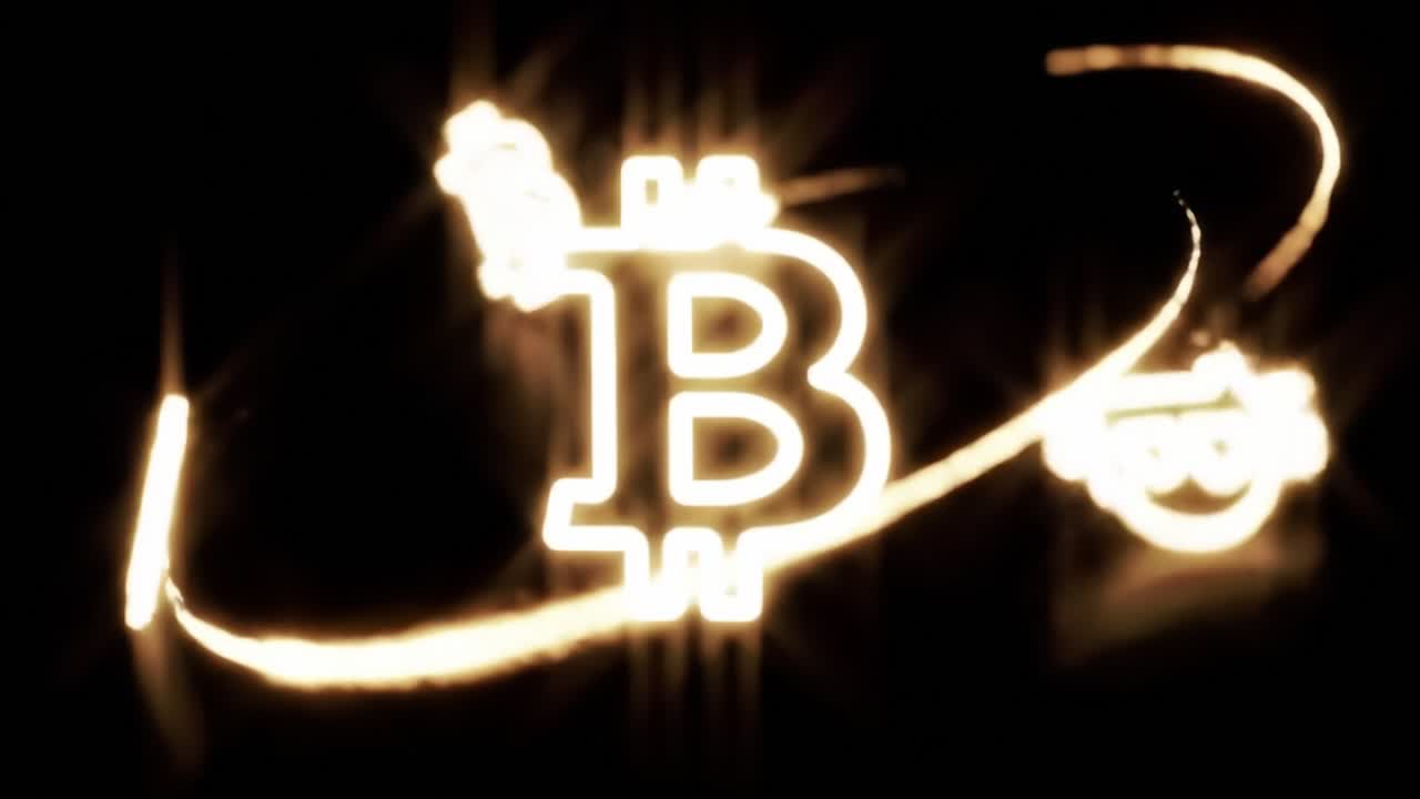 Bright, glowing cryptocurrency symbols create a dynamic display in a dark setting, capturing attention during a lively finance event focusing on digital currencies.