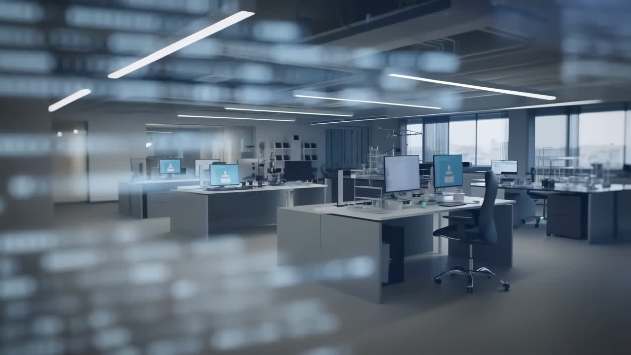Modern Empty Office with Digital Data Overlay