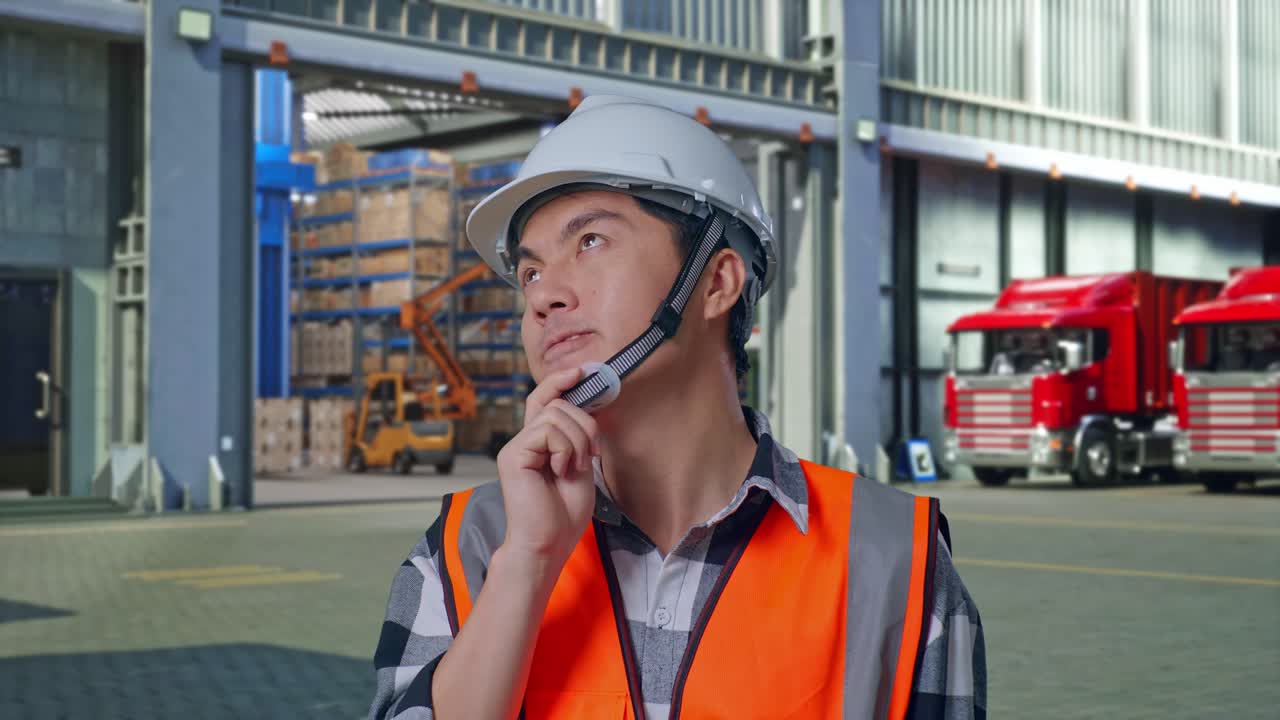 Close Up Of Asian Male Engineer With Safety Helmet Thinking About Something And Looking Around While Standing , Outside of Logistics Distributions Warehouse