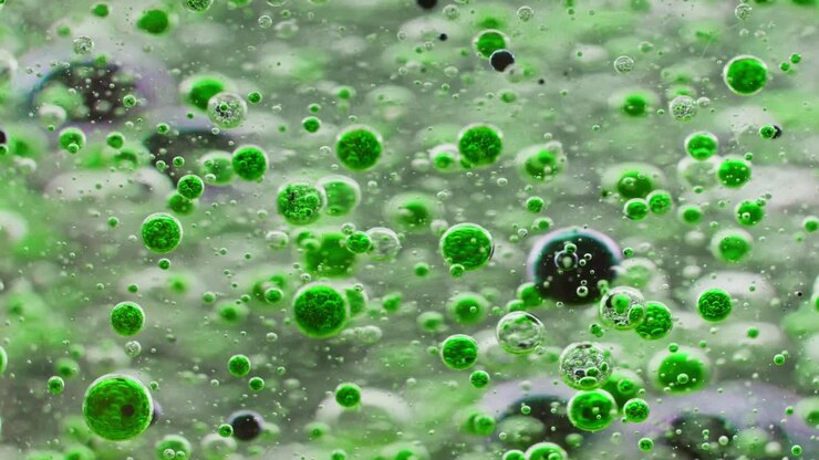 ripresa macro di piccole bolle verdi che galleggiano in acqua e bolle scure che cadono a terra fuori fuoco