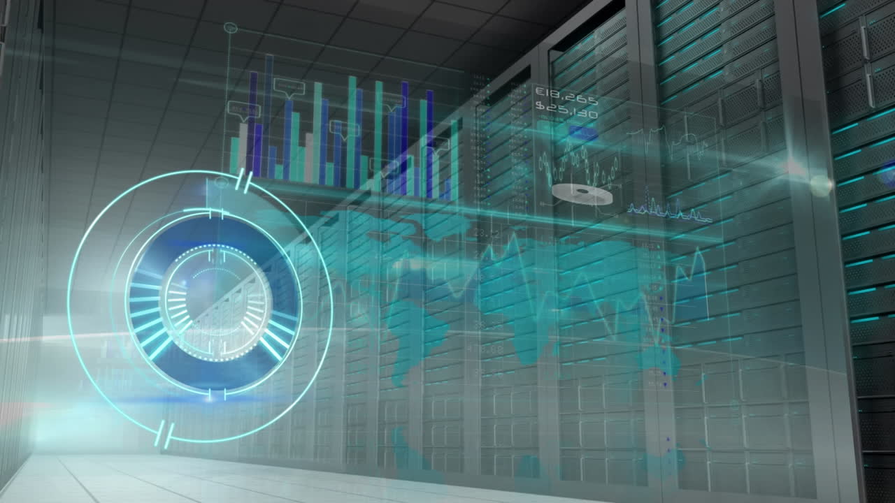 Animation of diverse data and processing circle over server room