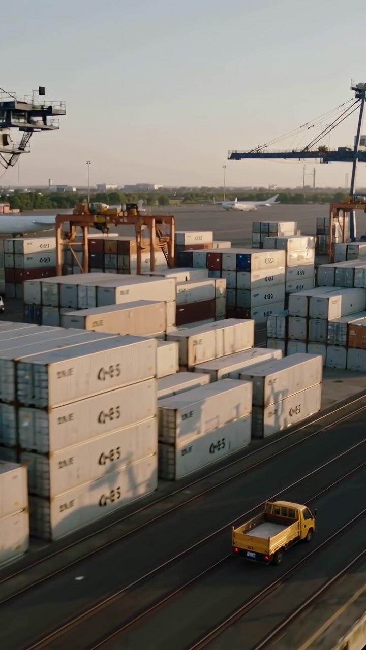 Vertical video: Drone panning, yellow truck driving on rail toward exit, stacks, cranes, copy space