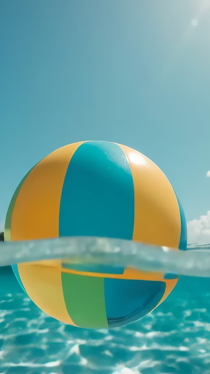 Vertical video: Beach ball bobbing, rotating on turquoise sea by waves, light glinting off surface