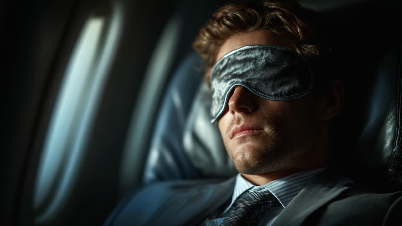 A Sophisticated Traveler Wearing a Sleep Mask on a Plane, Enjoying a Moment of Relaxation in Comforting Darkness While Journeying to His Destination