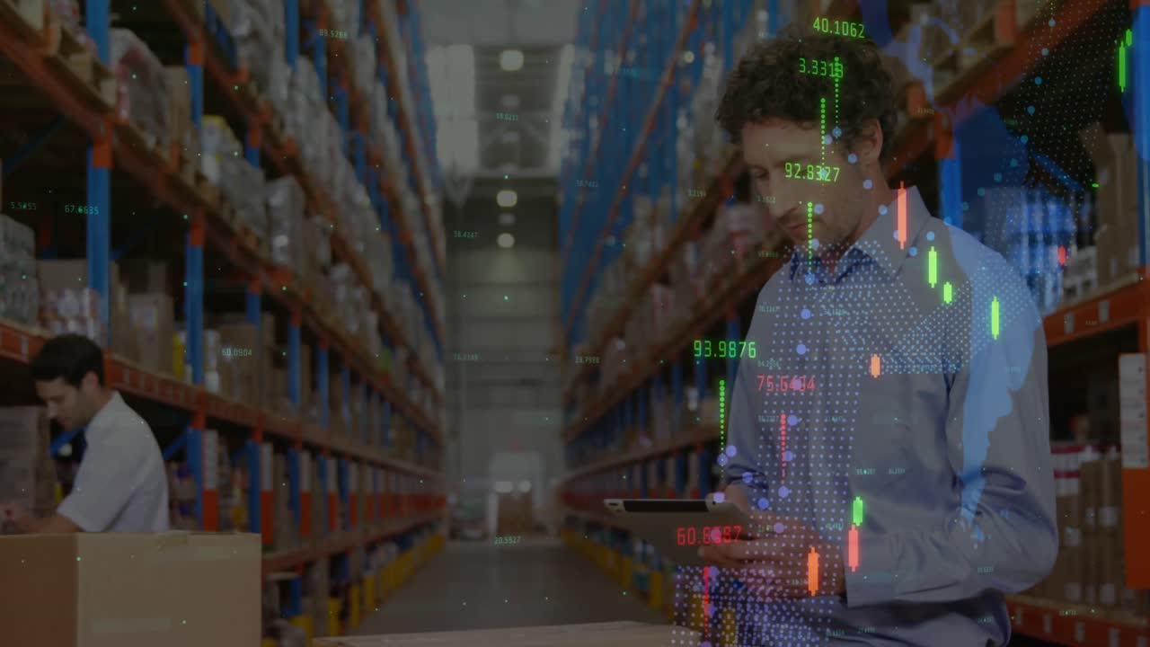 animación del procesamiento de datos financieros sobre diversas personas de negocios en el almacén
