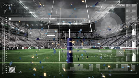 digital interface with data processing against confetti falling over rugby goal post