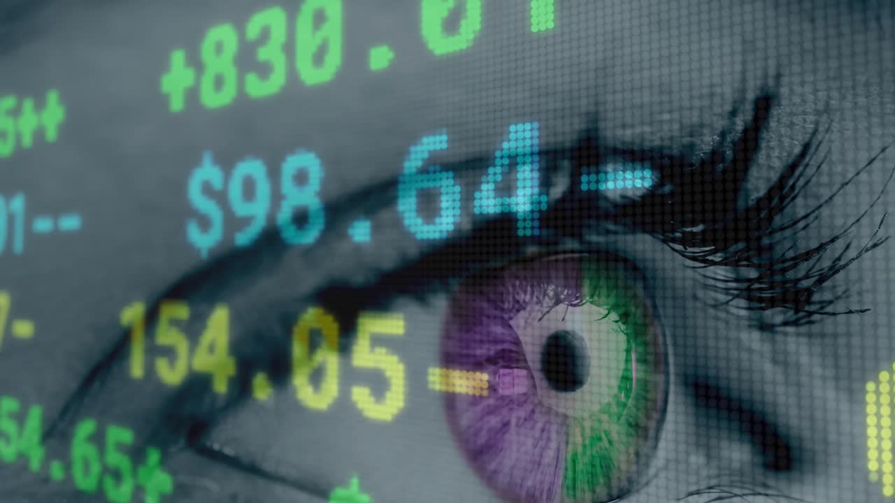 Animation of financial data processing over woman's eye in background