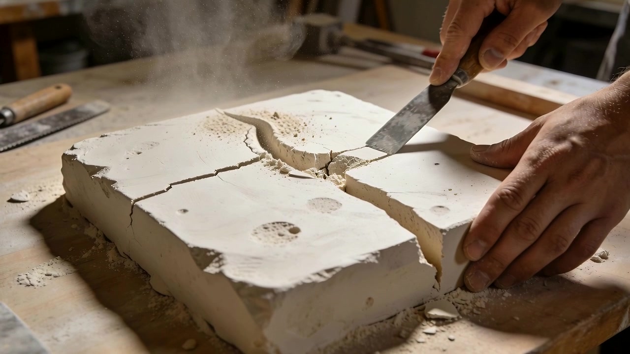 Placing metal spatula into scored groove, craftsman levering plaster block at bench, freeing piece