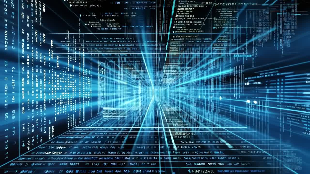 Futuristic digital tunnel with blue code streams, captured from a first-person perspective