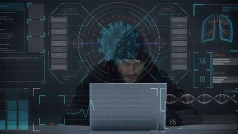 animación del procesamiento de datos sobre un hacker con una computadora portátil