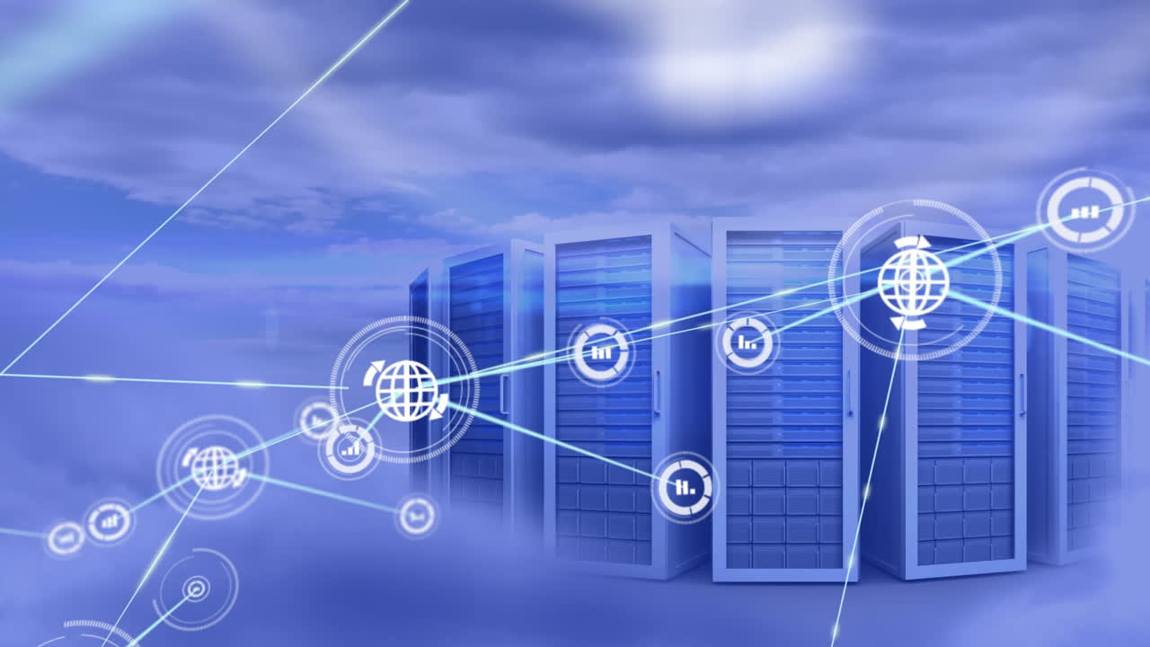 Animation of network of connections with icons over computer servers in clouds