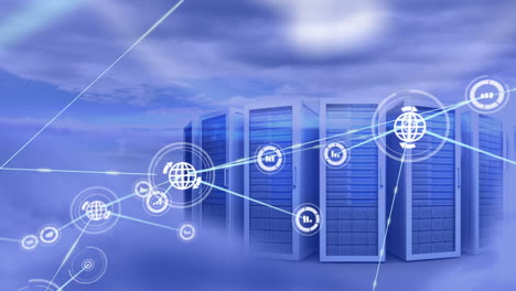 animation of network of connections with icons over computer servers in clouds