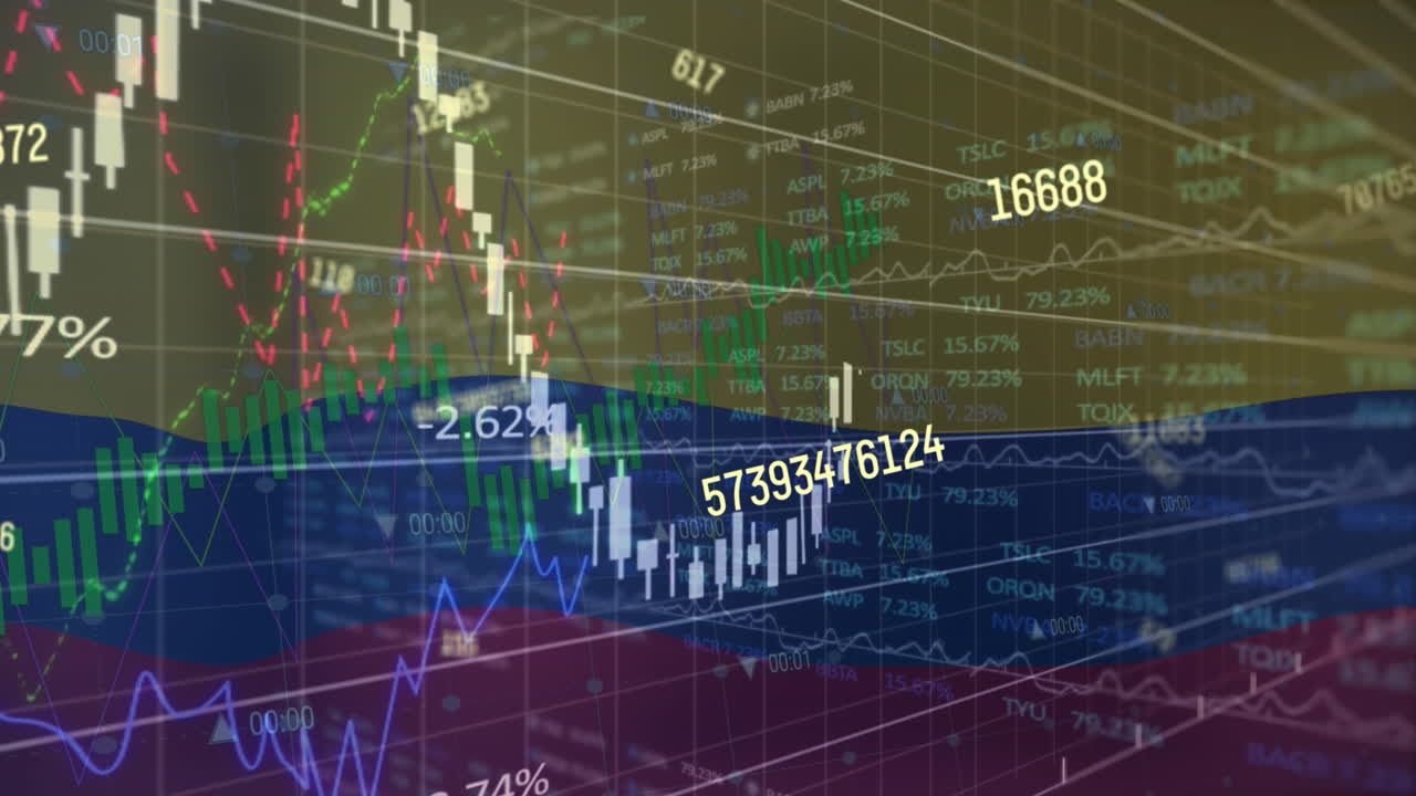 콜롬비아  ⁇ 발을 배경으로 변화하는 숫자와 주식 시장 데이터 처리의 애니메이션