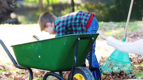 family picking up autumn leaves and putting in a wheelbarrow