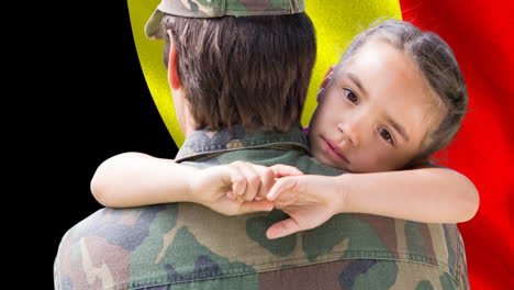 animation of caucasian male soldier with daughter over flag of belgium