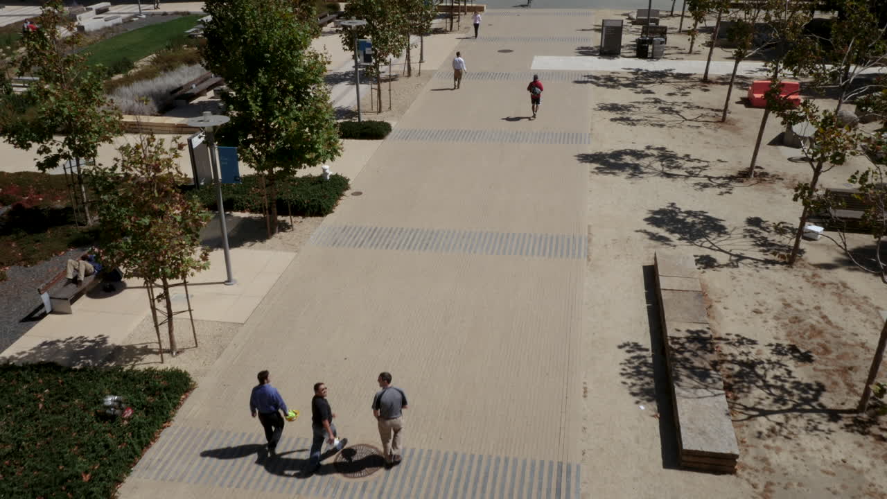 People walking on a wide outdoor pedestrian pathway lined with trees