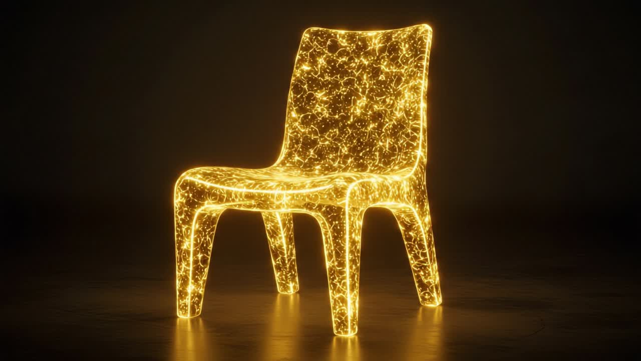 A Stunning Visualization of a Chair Illuminated with a Golden Glow, Capturing the Intricate Patterns and Luminescence That Transform Its Ordinary Form into an Extraordinary Art Piece