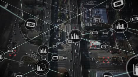 Animation-of-network-of-connections-with-icons-over-cityscape