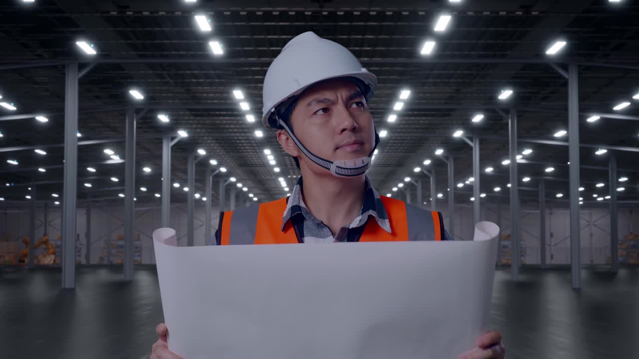 Engineer in Hard Hat Examining Blueprints in Empty Warehouse