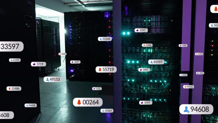 Animation of notifications icons and numbers over data server systems