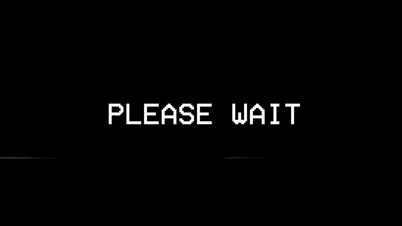 Please Wait Pixelated Text with Glitch Effect on Black Screen