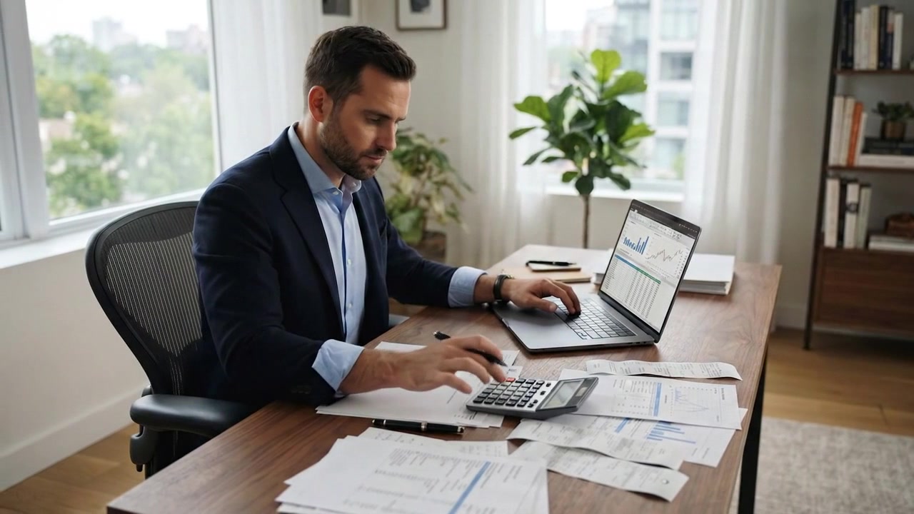 Contador profesional trabajando en documentos financieros en una oficina moderna