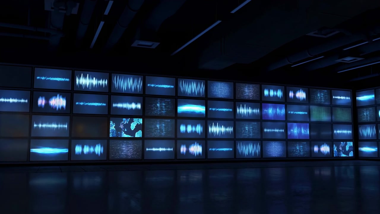 File di schermi luminosi presentano forme d'onda blu mutevoli e pannelli visivi vari in un interno poco illuminato, mentre una luce fredda si riflette sul pavimento sotto l'ampia parete di monitor.