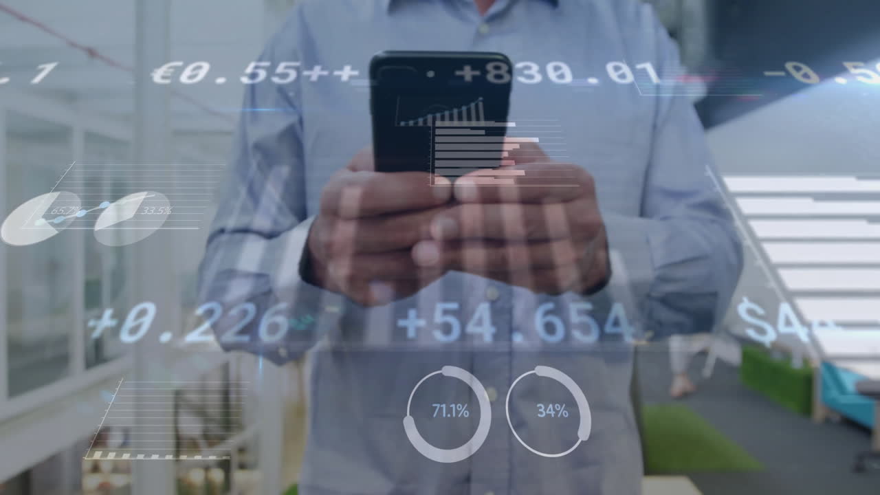 animación del procesamiento de datos financieros sobre un empresario caucásico que usa un teléfono inteligente