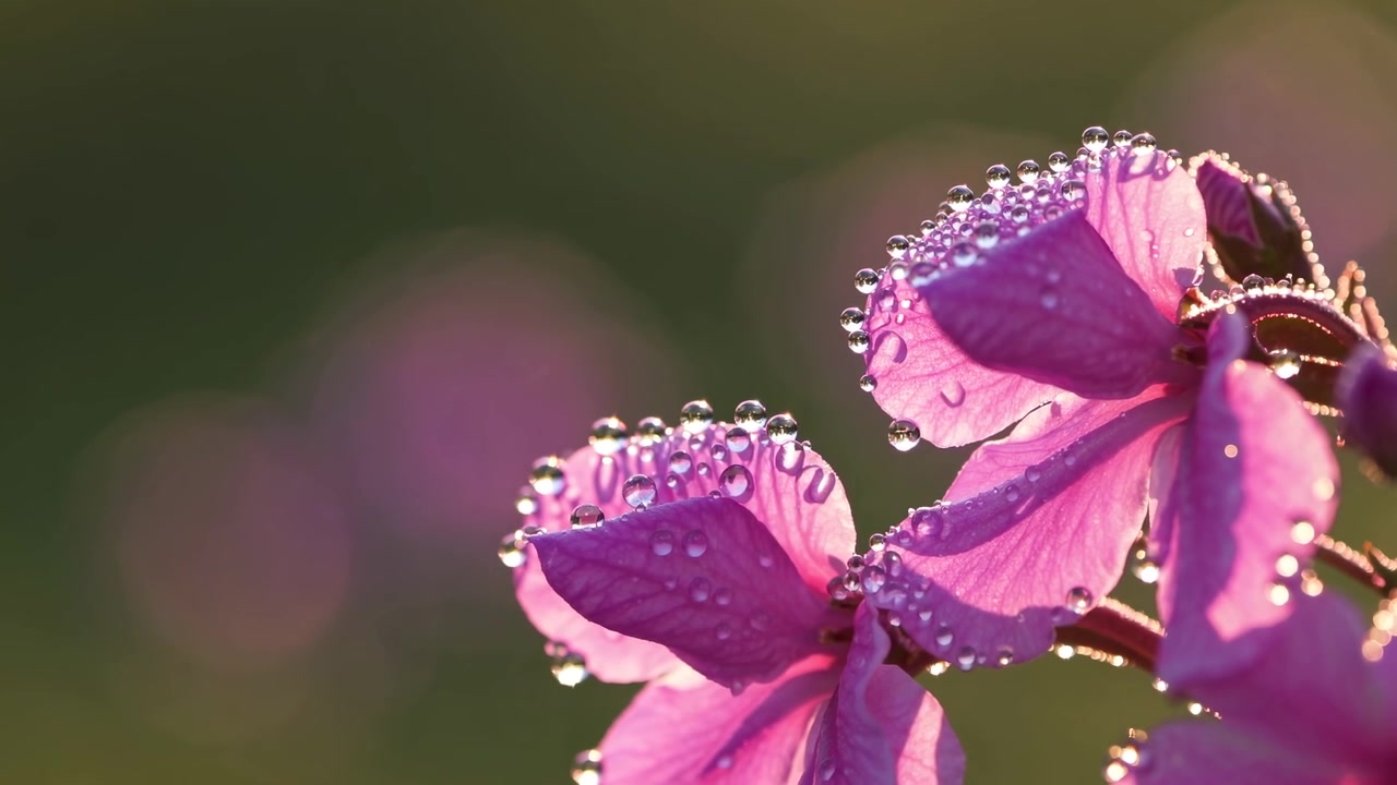 Primer plano de flores silvestres rosas cubiertas de rocío matutino