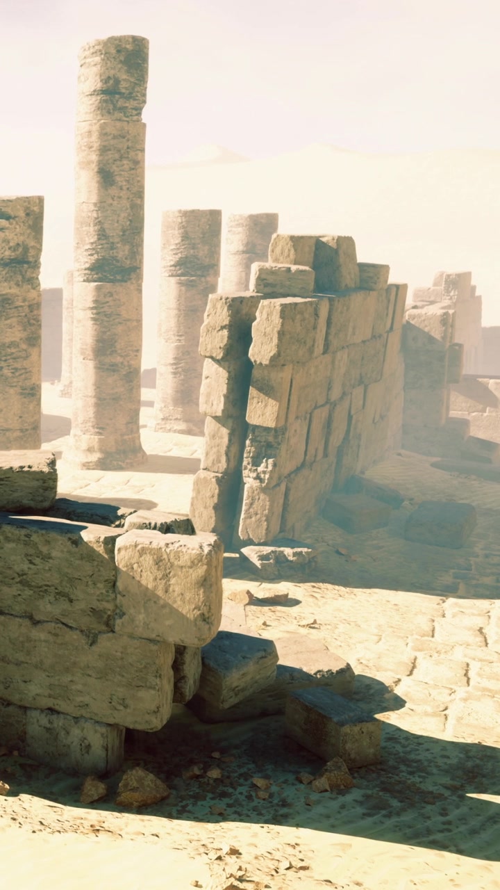 Ruinas de pilares y piedras antiguas en una zona desértica soleada.