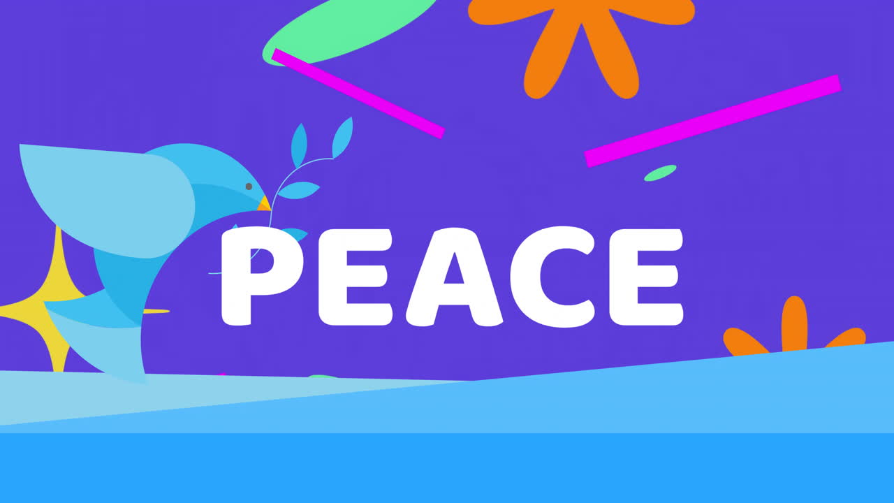 Peace text animation over colorful abstract shapes on purple background