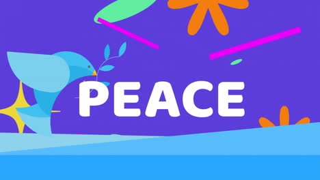 peace text animation over colorful abstract shapes on purple background