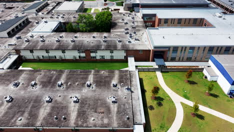 high angle view of large low buildings