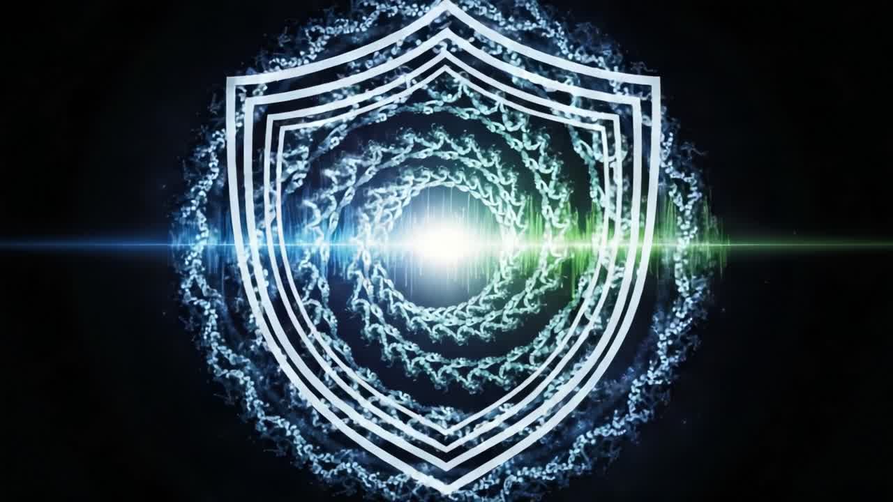 Ethereal Shield Design with Illuminating Waves and Dynamic Patterns in a Dark Cosmic Background, Symbolizing Protection and Security in Digital Realms