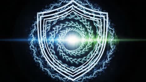 ethereal shield design with illuminating waves and dynamic patterns in a dark cosmic background, symbolizing protection and security in digital realms