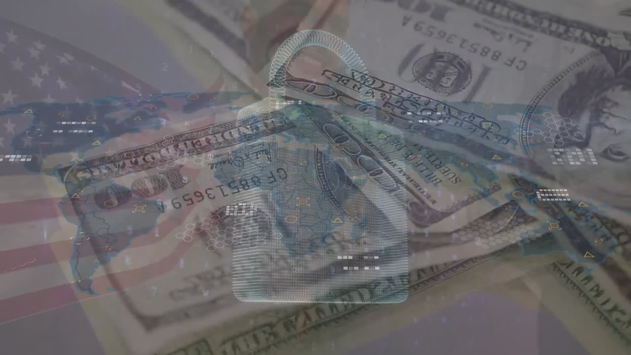 animación del mapa del mundo y el candado sobre la bandera de ee.uu. y los billetes