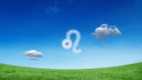 Animation-of-leo-star-zodiac-sign-formed-with-white-clouds-on-blue-sky-over-meadow