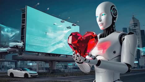 ai robot holding a digital heart in a futuristic city