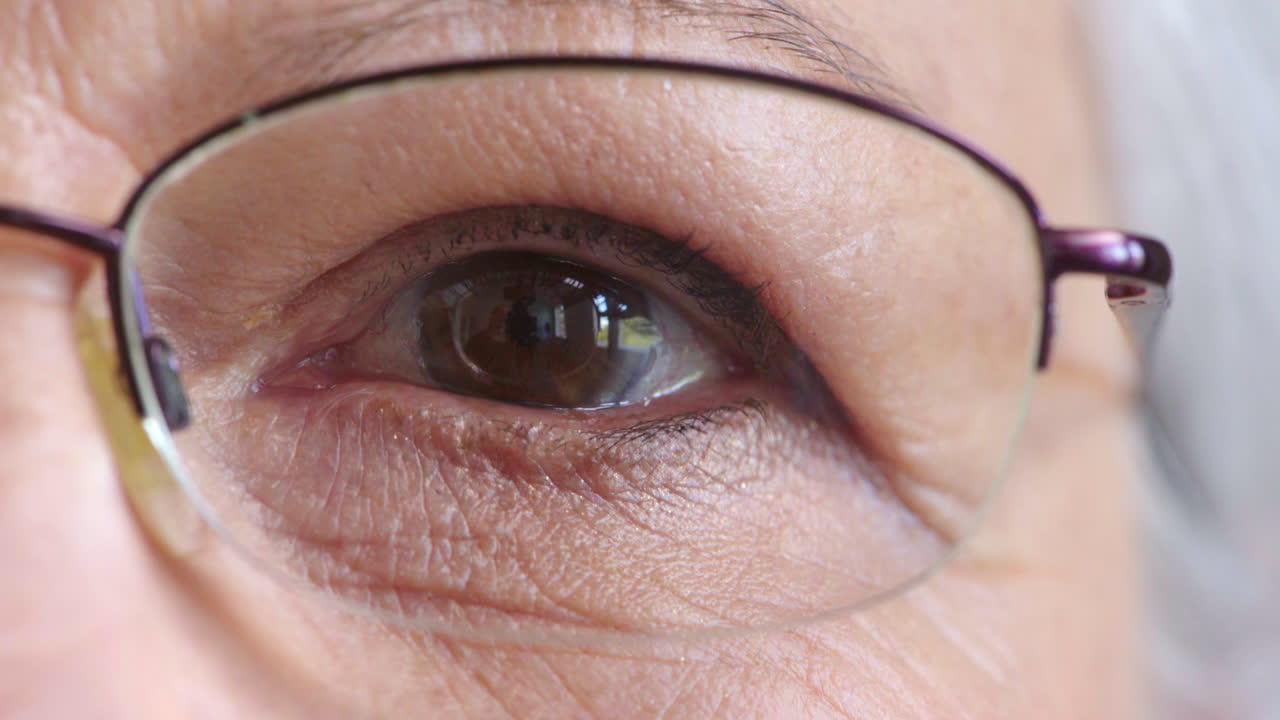 Closeup face of a senior woman's eye with glasses