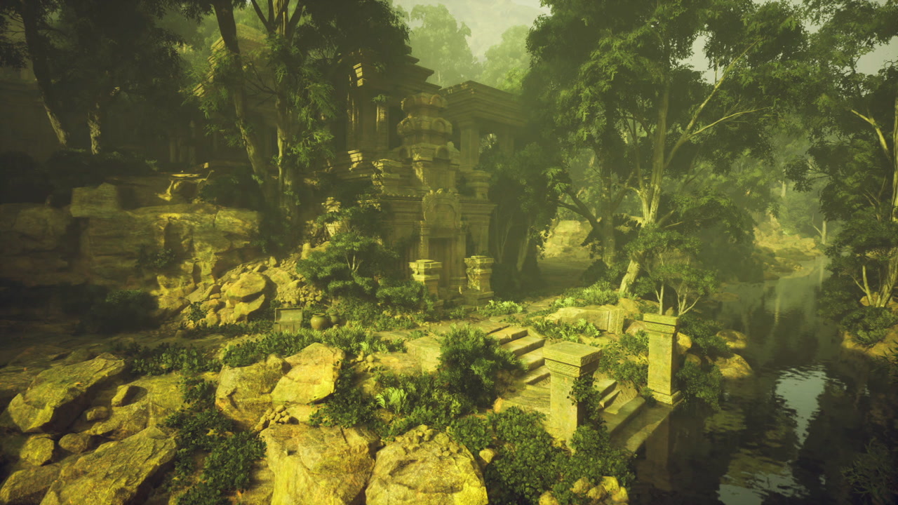Remote elevated sanctuary overgrown with moss and ancient vegetation